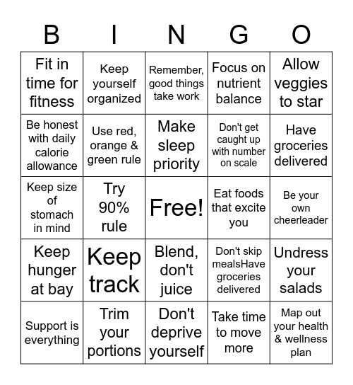 25 Ways to Lose Weight Bingo Card