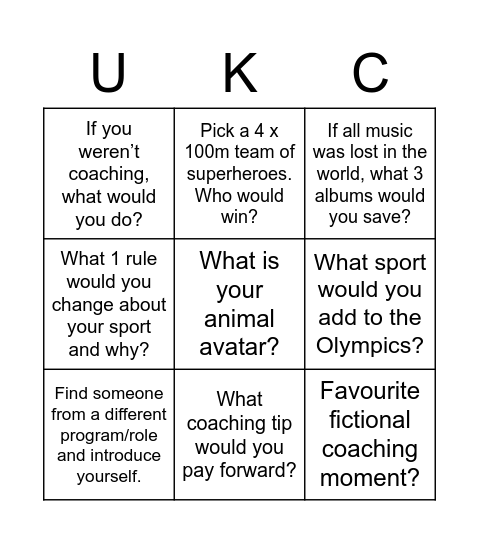 UK Coaching Celebration Event Bingo Card