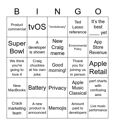 Watch / Health WWDC23 Bingo Card