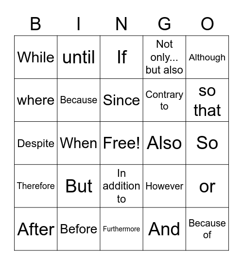 Connectives Bingo! Bingo Card