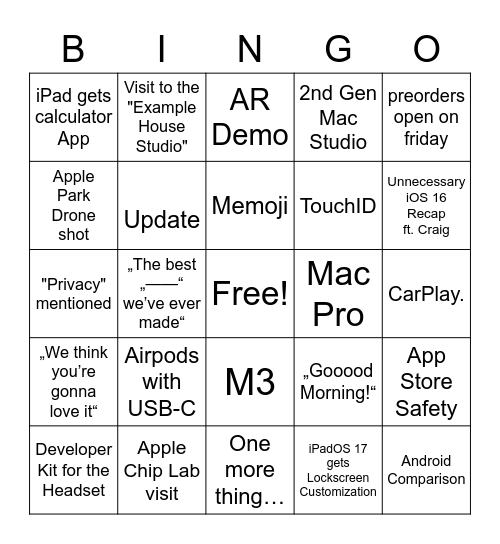 Apple WWDC23 Bingo Card