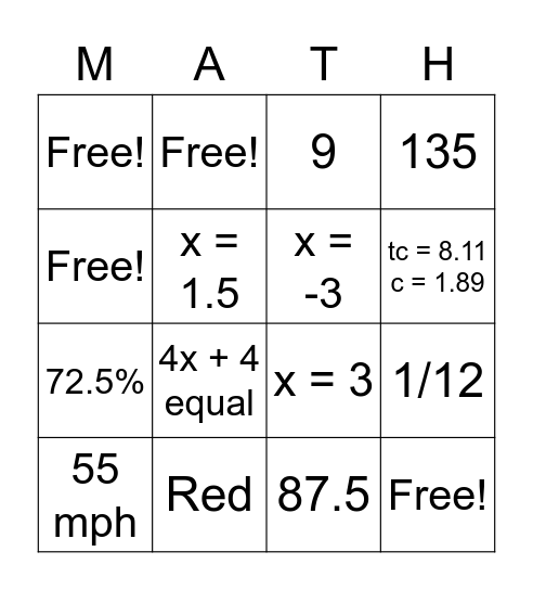 Math Bingo Card