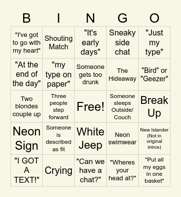 Love Island Bingo Card