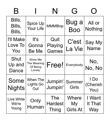 Boy/Girl Bands Bingo Card