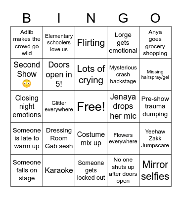 Show Week Bingo Card