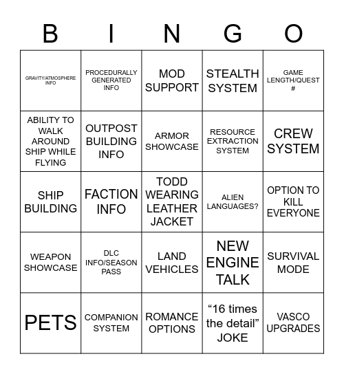 STARFIELD SHOWCASE Bingo Card