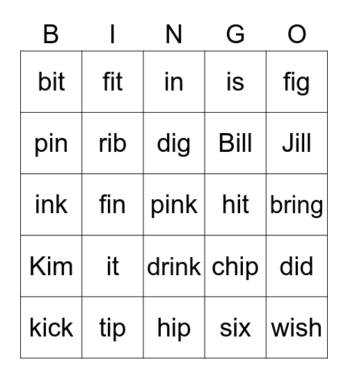 Short Vowel Bingo: I Bingo Card