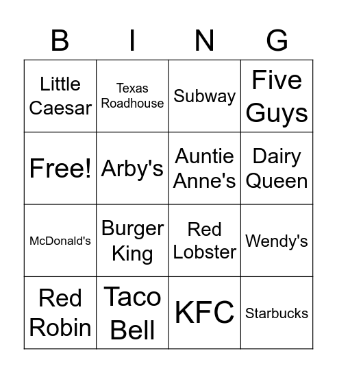 Restaurant Bingo Card