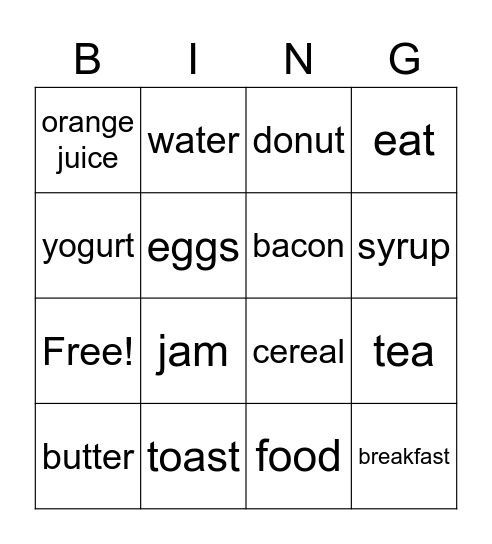 Breakfast Food Bingo Card