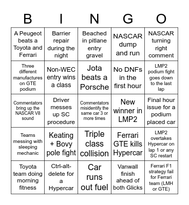 Le Mans 24 Bingo Card