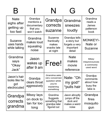 Lake Trip Bingo Card