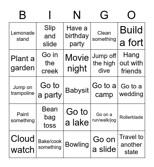 Summer Bucket list 2023 part 2 Bingo Card