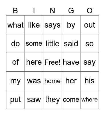 BAR Set 2 Words Bingo Card