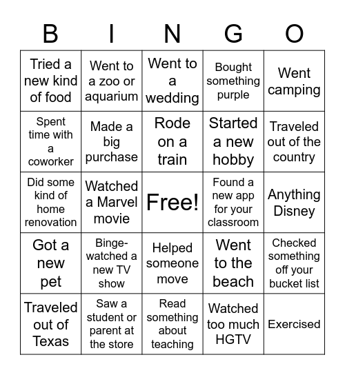 Valley Creek Teacher Summer BINGO (Events AFTER June 7th!) Bingo Card