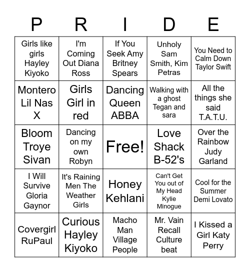 Pride Music Bingo Card