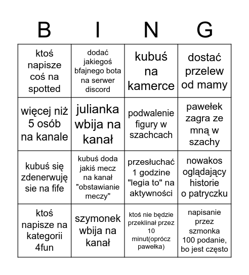 plan na wtorek Bingo Card