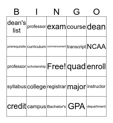 College Vocabulary Bingo Card