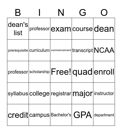 College Vocabulary Bingo Card