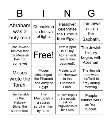 Torah/ Holidays Fall 2023 Bingo Card