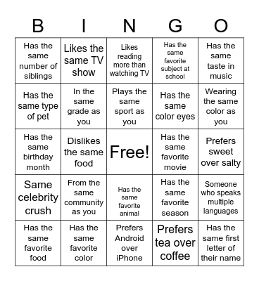 Friendship Bingo Card