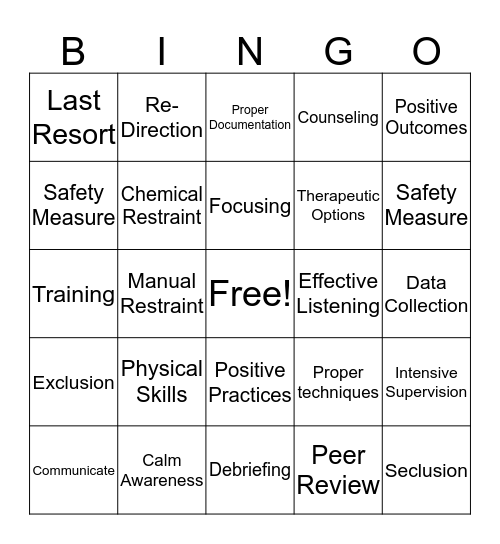 Restraint & Restrictive Bingo Card