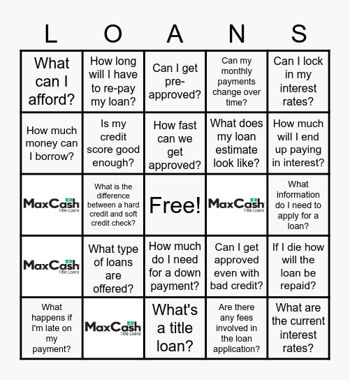 Loan Question Bingo Card