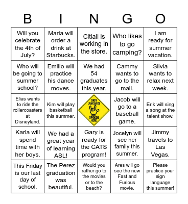 ASL Vocab Review Bingo Card