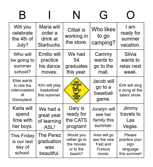 ASL Vocab Review Bingo Card