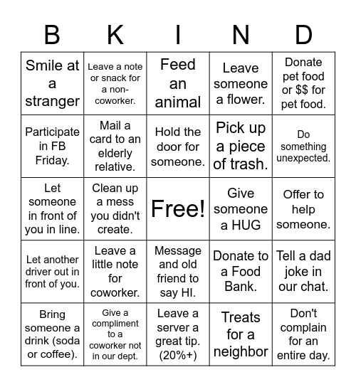 Kindness Bingo Card