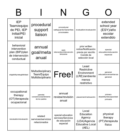 Special Education Bingo Card