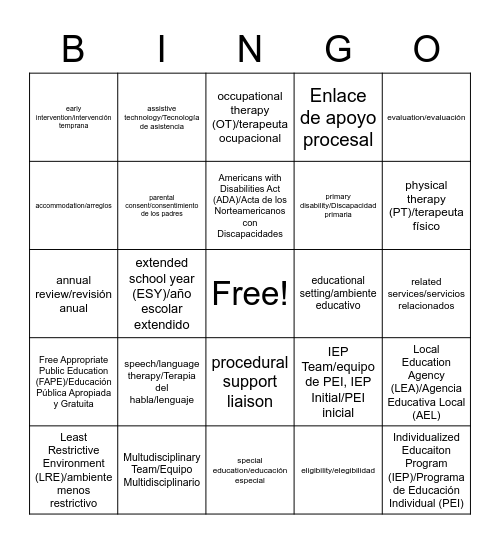 Special Education Bingo Card