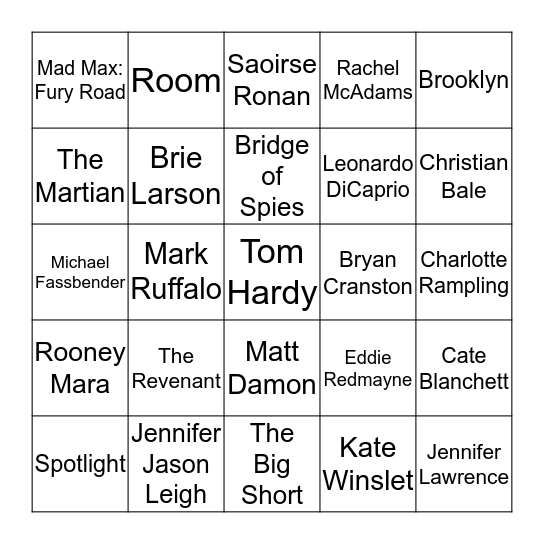 Oscars 2016 Bingo Card