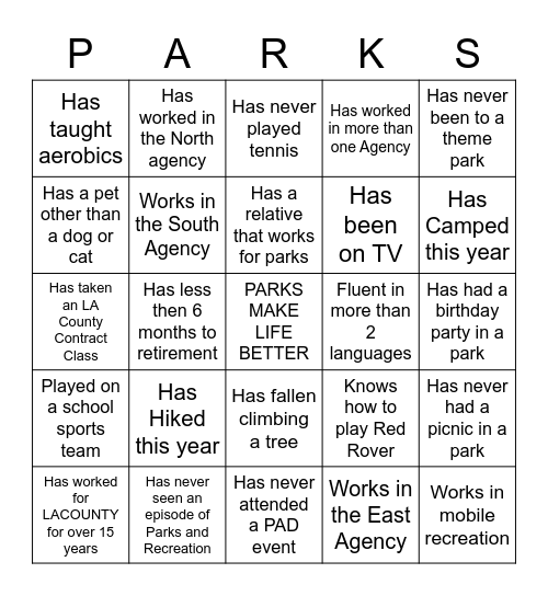 Meet the Parks Staff Bingo Card