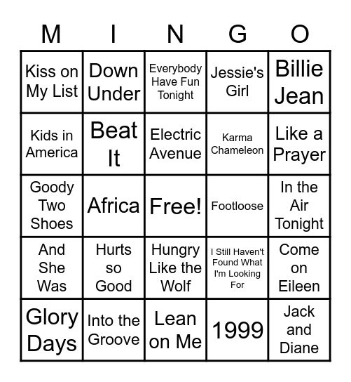 1980's Dance Hits 1 Bingo Card