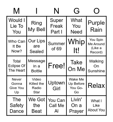 1980's Dance Hits 2 Bingo Card