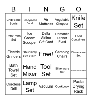 Wedding Shower Gift Bingo Card