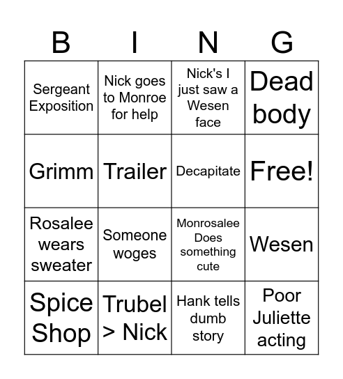 Grimm Bingo Card