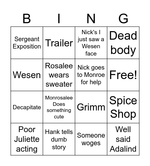 Grimm Bingo Card