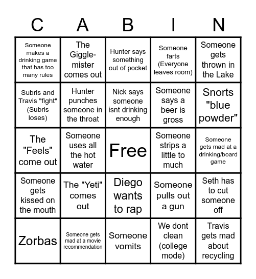 Cabin Bingo Card