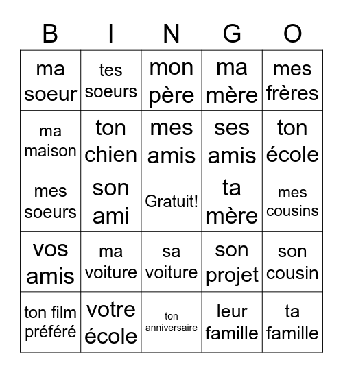 Les adjectifs possessifs Bingo Card