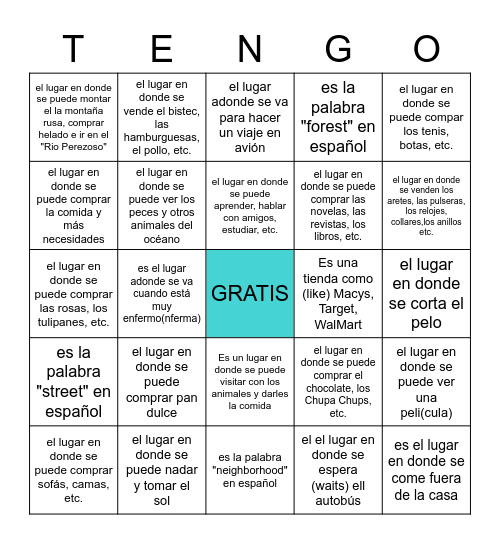 Los lugares Bingo Card