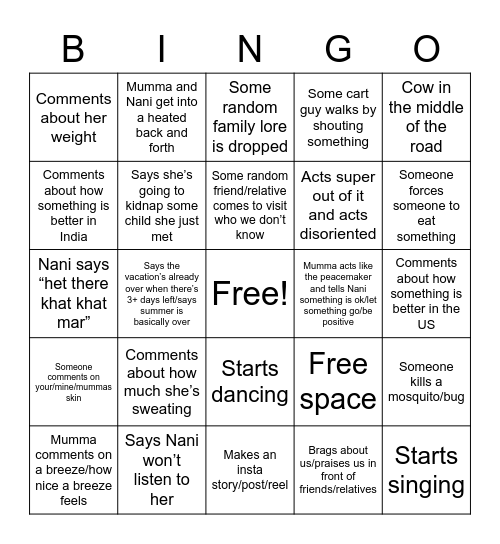 Mumma/India Bingo Card