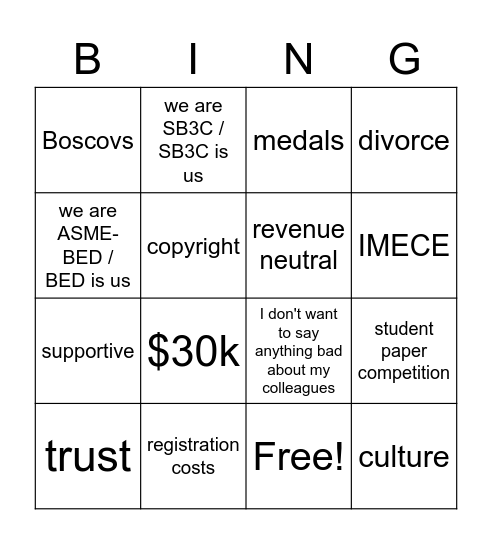 SB3C / ASME Bingo Card