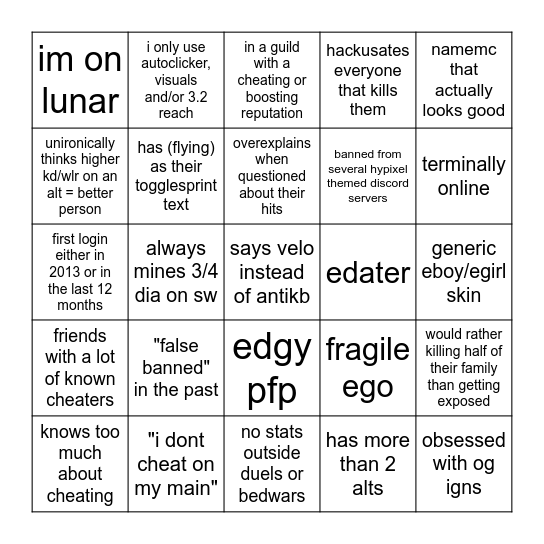 Hypixel Cheater Bingo Card Bingo Card