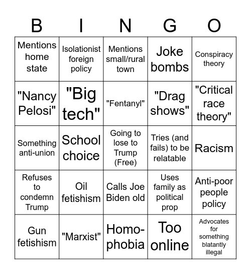 GOP Presidential Debate Bingo Card