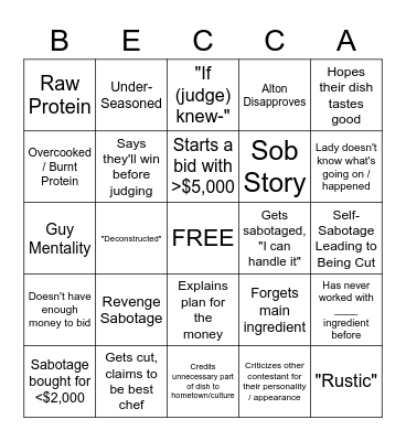 Cutthroat Kitchen Bingo Card