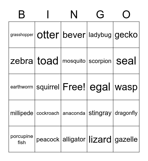 Animals Bingo Card