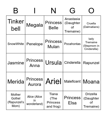 Disney Princess / Villian Bingo Card