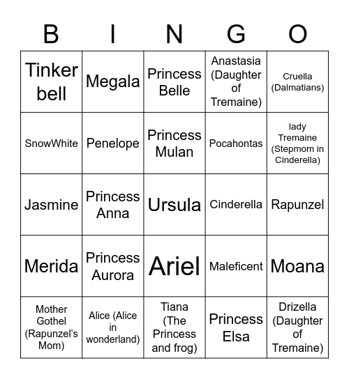 Disney Princess / Villian Bingo Card