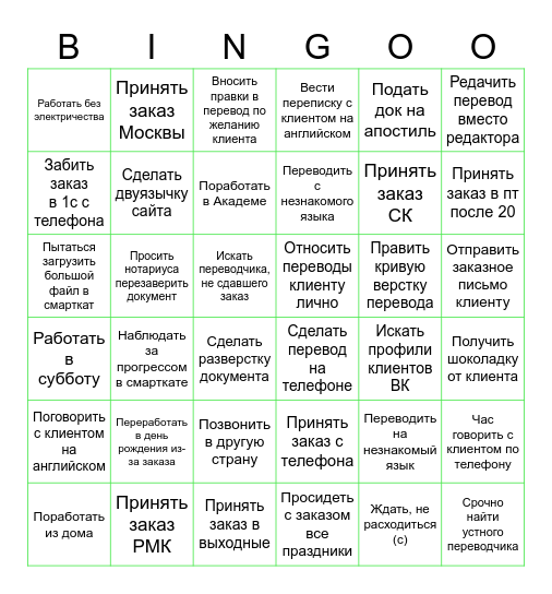 Бинго менеджеров ТРАНСЛИТ Bingo Card